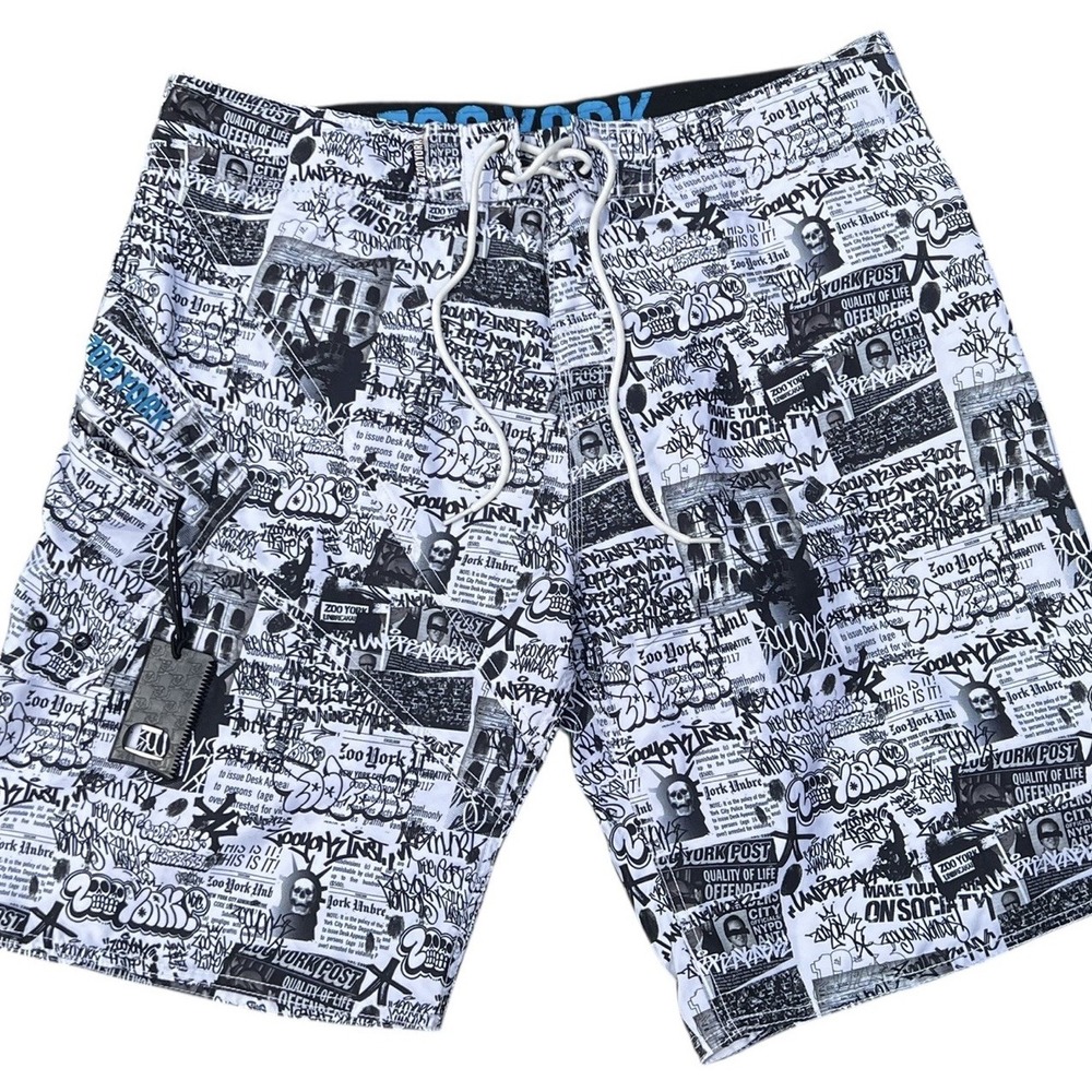 Zoo‎ York Board Shorts Excelsior 36 Graffiti Newsprint Drawstring Black & White